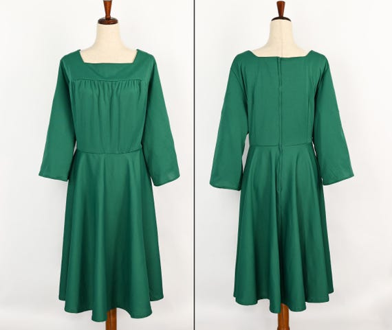 Vintage 70s/80s Green Polyester ROAMAN'S Long Sleeve Fit & Flare Dress, Plus Size