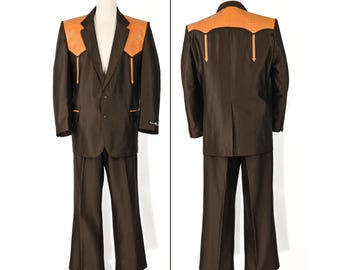 Vintage 90s/Y2K Brown Striped BUFFALO COUNTRY Faux Orange Animal Skin Yoke Western 2pc. Suit - 40R