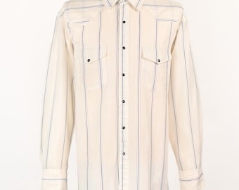 Vintage 70s/80s White & Blue Striped PRIOR Western Snap Button Long Sleeve Shirt - 18-35 FLAWS
