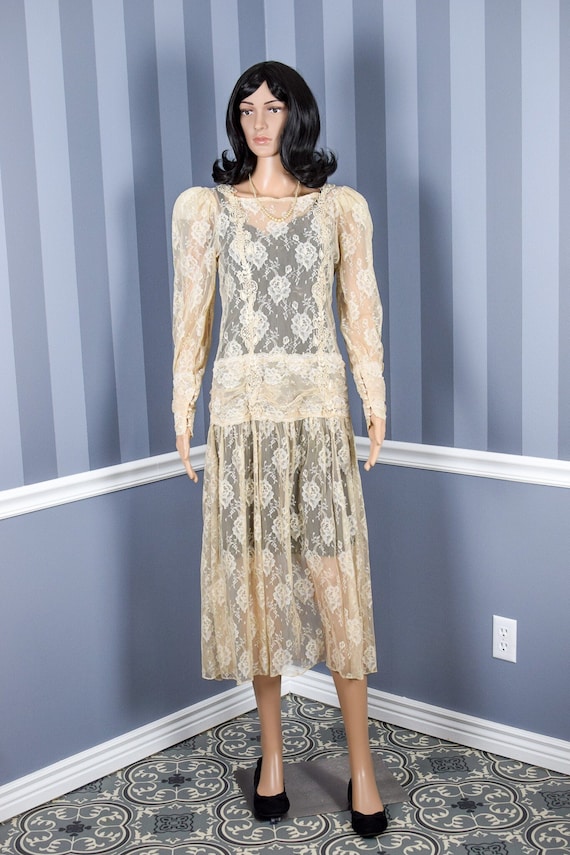 Vintage 80s Nude Sheer Floral Lace Drop Waist Bridal Wedding Maxi Dress - 9/10