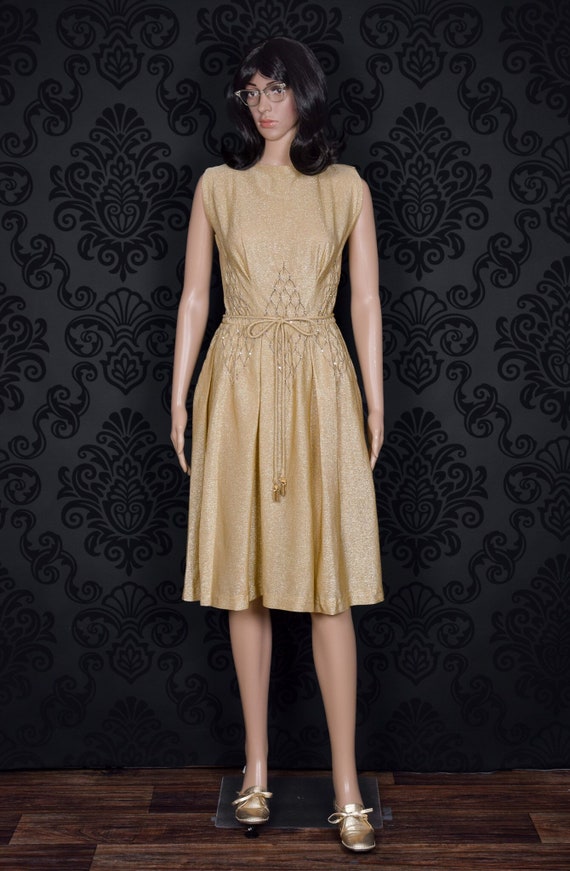 Vintage 50s Carlye Gold Lame Dress w/ Rope Belt