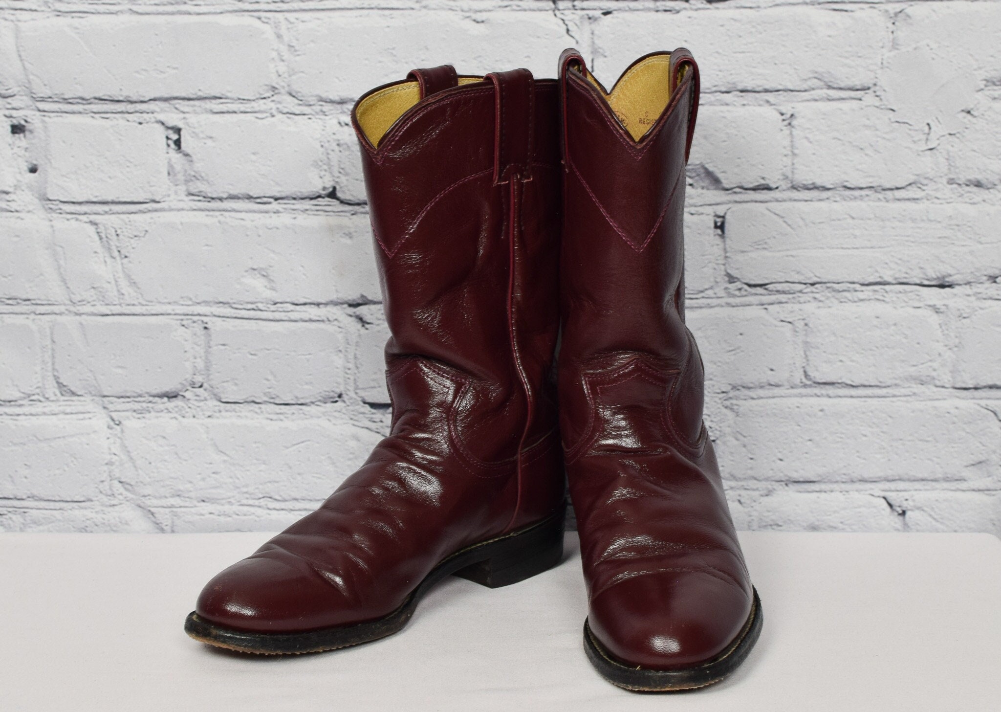 Vintage Men s Justin Burgundy Red Leather Roper Cowboy Boots 6 1 2 B Etsy