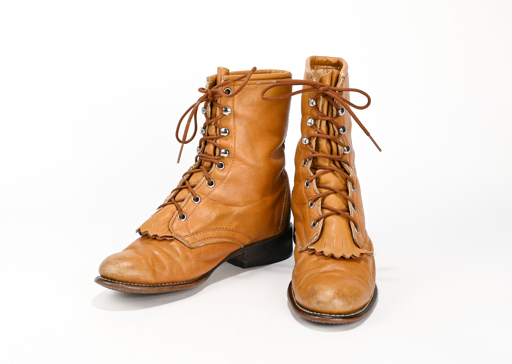 Vtg Laredo Roper Fringe Kiltie Boots Red Leather w/ Brown Laces Womens 7.5 M USA Vintage 1980s Kiltie Fringe Roper Boots // Brown Leather  main image 2