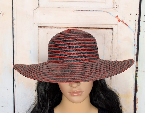 Red and Black Woven Straw Hat Sonni San Francisco Red Woven Straw Wide Brim Black Belt  main image 2