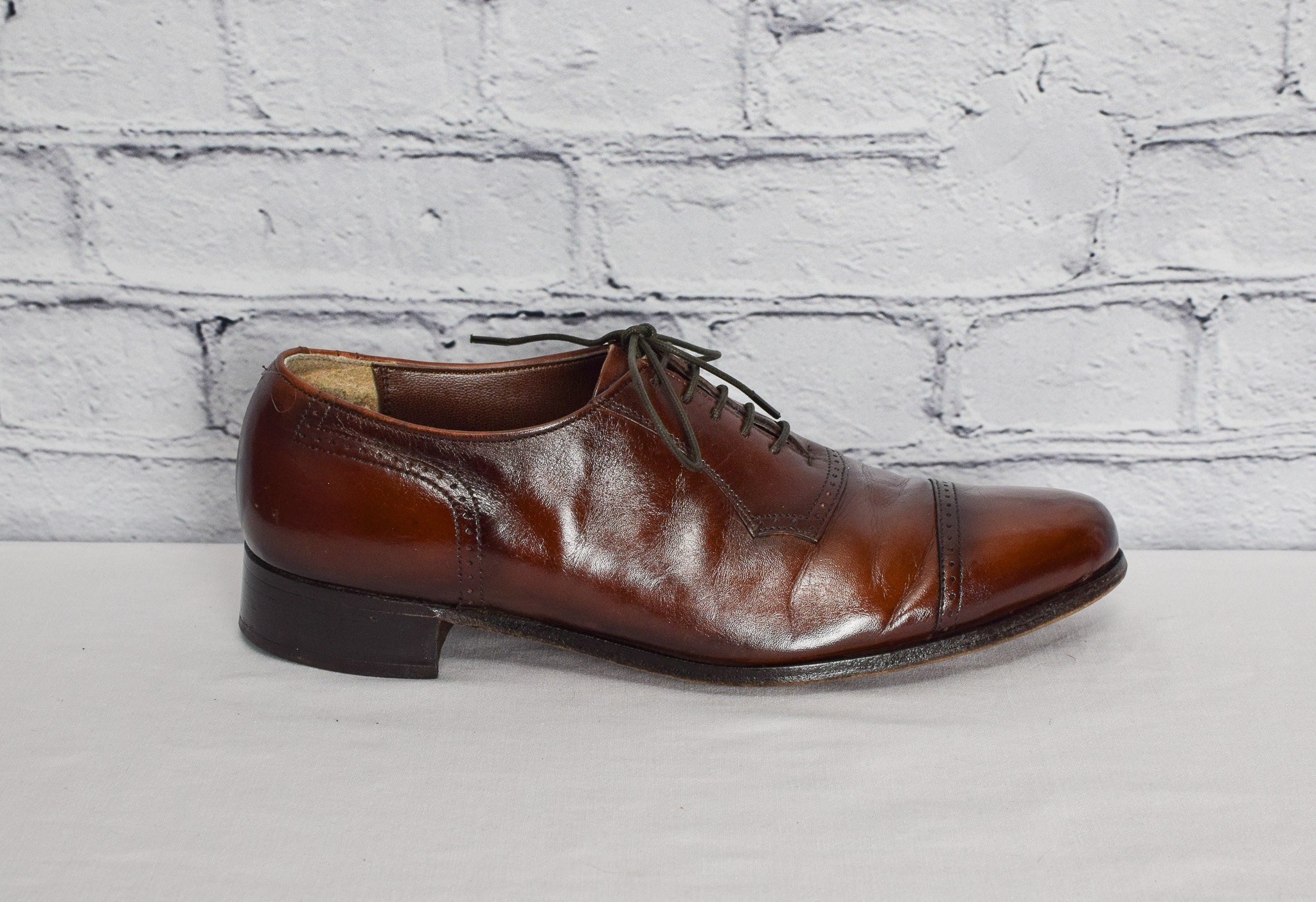 Allan Temple Brown Pebbled Wing Tip Shoes Leather Sole Size 10.5 E Rare Vintage Men main image 3