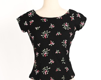 Vintage 50er Jahre Damen Black & Pink Floral Besticktes DOROTHY KORBY Wolle Kurzarm Top