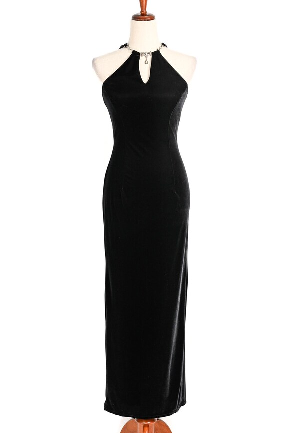 Vintage Jessica McClintock Gunne Sax Black Velvet Rhinestone Halter Maxi Formal Dress - 3/4