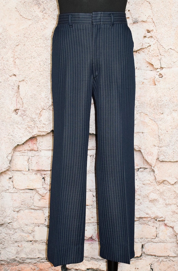 Vintage Men's 90s Dark Blue & White Pinstripe Polyester Dress