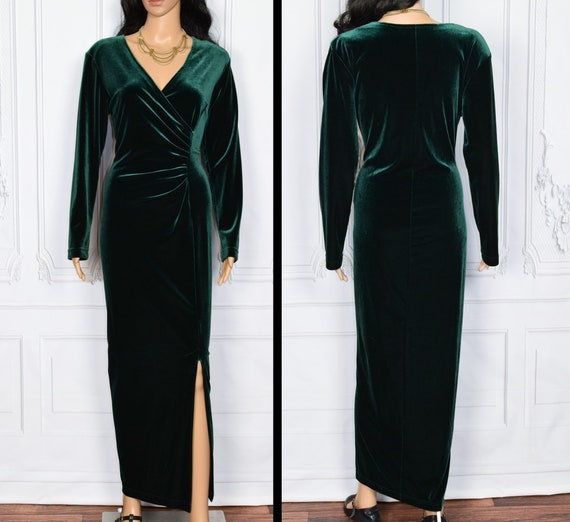 Vintage 90s Amanda Lane Green Velvet Formal Dress… - image 1