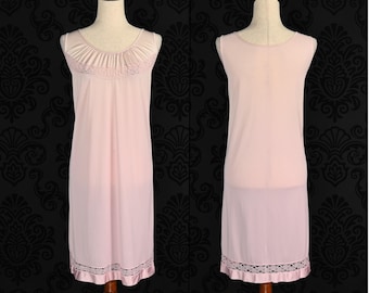 Camisón vintage rosa claro de Vanity Fair, sin mangas, con detalles de encaje, años 70 y 80 (talla M)