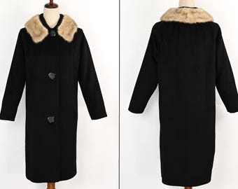 Abrigo vintage de lana merino negra con cuello de piel para mujer, años 50 y 60, fabricado en Union