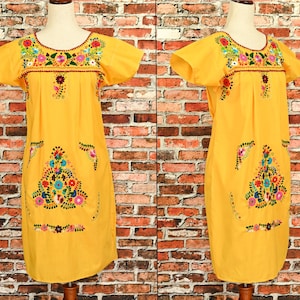 Vintage 60s/70s Gold Hand Embroidered Oaxacan Mexican Dress