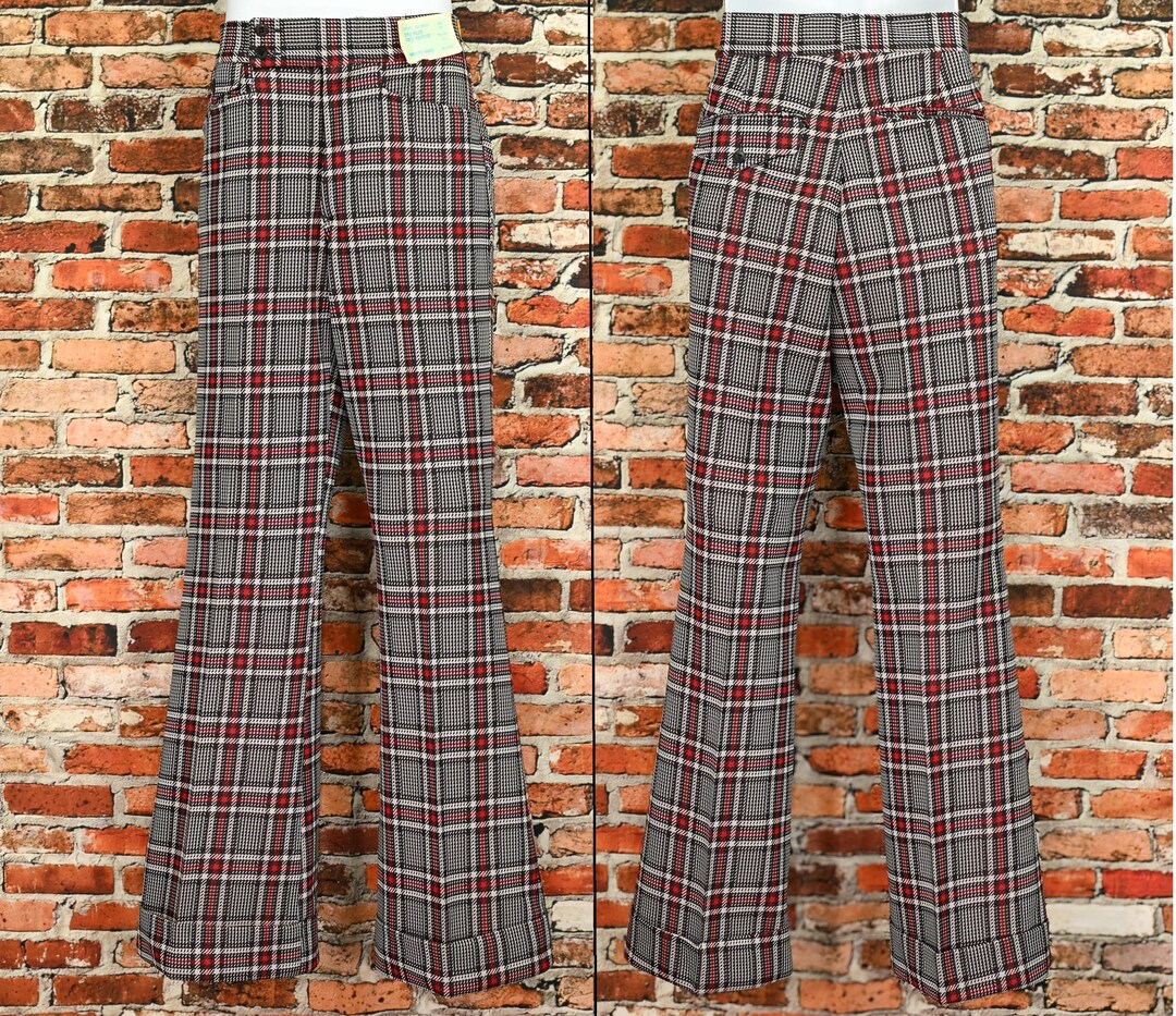DEADSTOCK - Vintage 70s Red & Black Plaid MORRISON FASHIONS Polyester Bell Bottom Dress Pants - 28 X 33