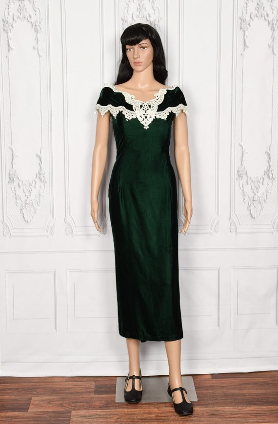 Vintage Women's 90s Jessica Mcclintock Dark Green Velvet Off-the