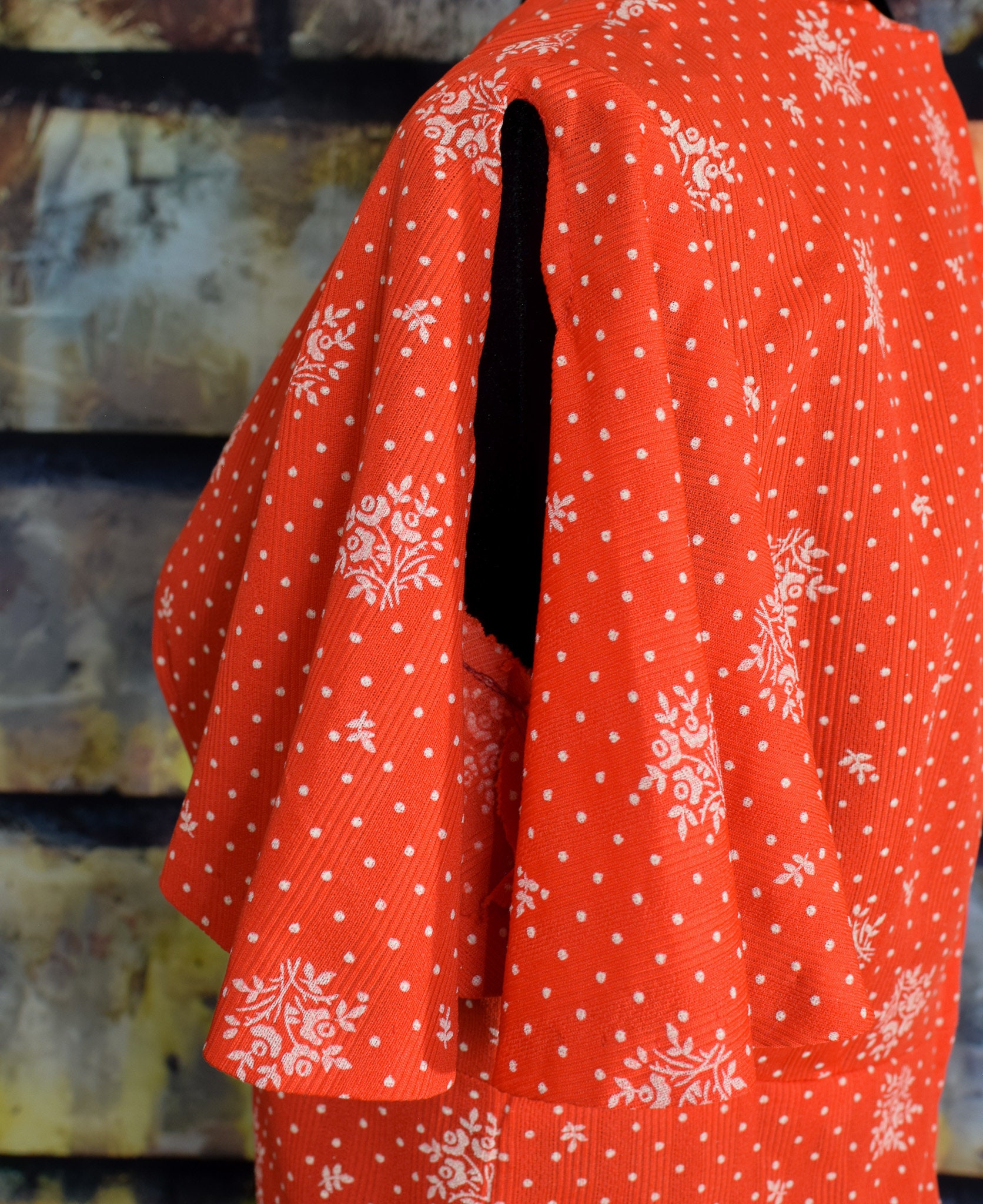 Vintage 60s Red Polka-dot/Floral UNBRANDED Split Flutter Sleeve Babydoll Dress main image 1