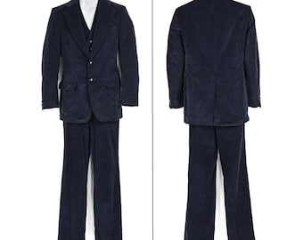 Vintage 70s Dark Blue Corduroy SEARS, Roebuck, and Co. 3pc. Suit - 36 R