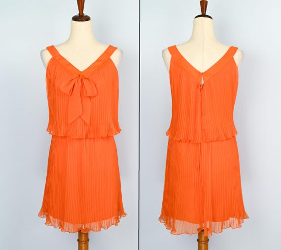 Vintage 60s Orange Polyester JAKS Pleated Overlay Dress