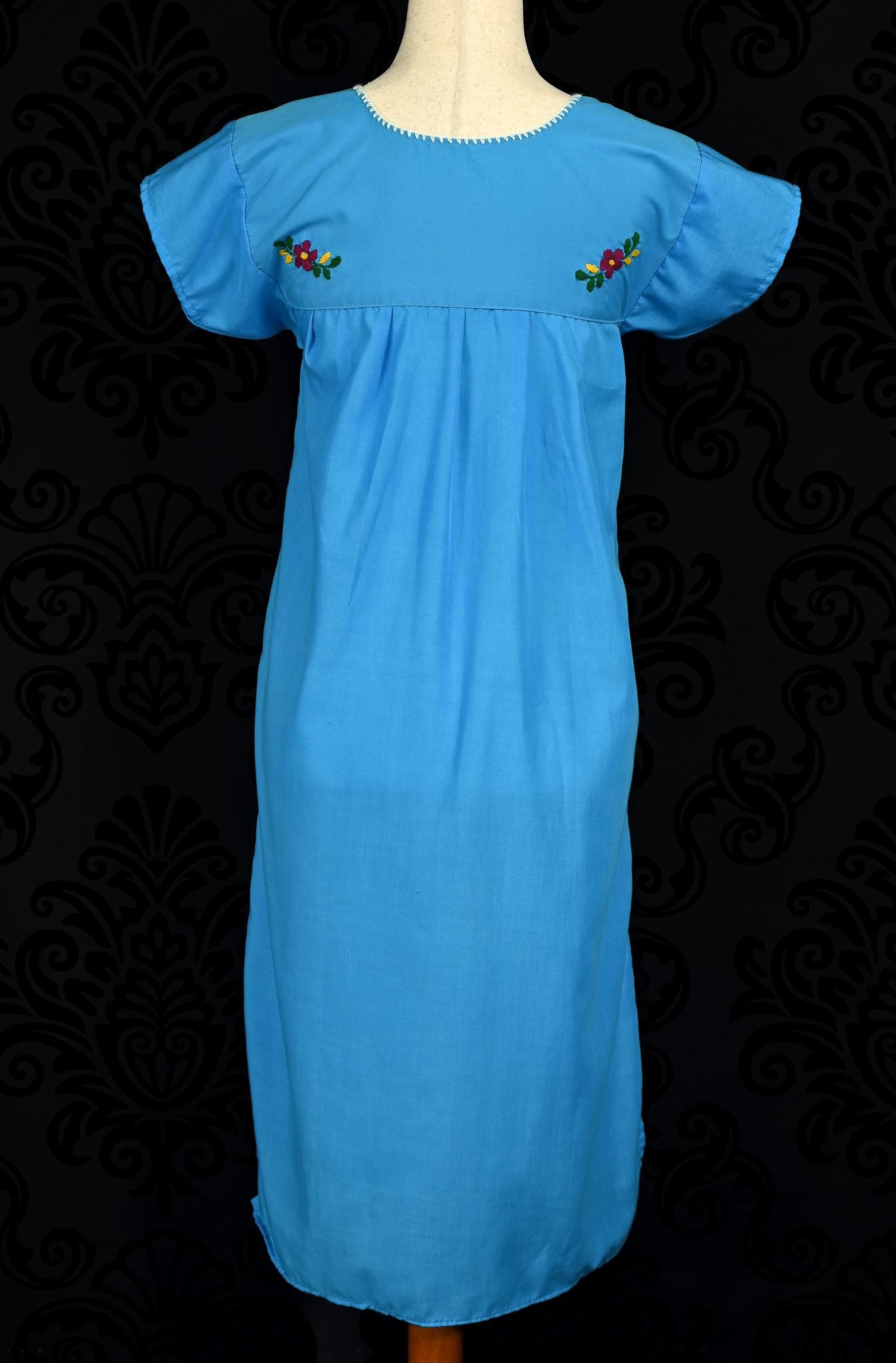 ヴィンテージ ブルー ハンド刺繍 オアハカ メキシカン マキシ ドレス 一点物 ヴィンテージ 50 年代 / 60 年代 ブルー ハンド刺繍 オアハカ