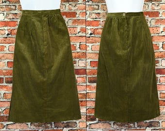 Jupe crayon taille haute secrétaire DONNKENNY en velours côtelé vert vintage des années 80 - 8