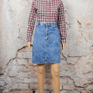 Saia jeans azul vintage feminina Bonjour International dos anos 80 com cintura alta e lavagem ácida - 12