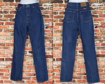 Vintage dames jaren 90 donkerblauw WRANGLER hoog getailleerde slanke, in de VS gemaakte spijkerbroek