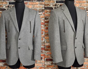 Men's Vintage 70s Brad Whitney Grey Sonora Wool Western Sports Coat w/ Arrow Detailing - 40