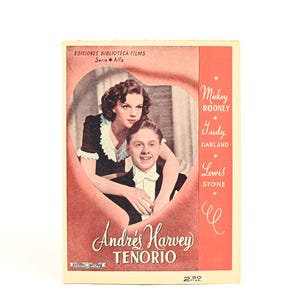 May include: Vintage movie poster for "Andrés Harvey Tenorio" featuring Mickey Rooney and Judy Garland. The poster has a red and cream color scheme with the film's title in elegant script. The actors' names are listed vertically.