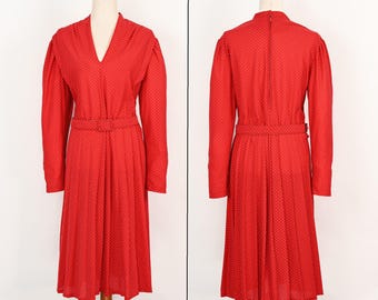 Vintage 80s Red & White Polka-dot JOAN CURTIS Long Sleeve Belted Midi Dress