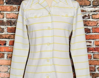 Camisa DONOVAN GALVANI de manga larga con botones, estilo años 70, a rayas blancas y amarillas, para mujer, rara
