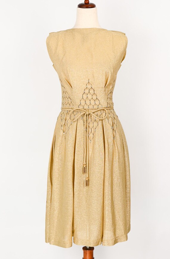 gold lame dress vintage 1950s Gold Lam Striped Halter Gown