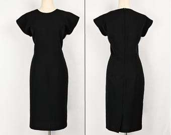Vintage 80s Black CARY ROBBINS Polyester Midi Sheath Dress - 14
