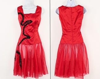 Vintage Red Satin & Black Sequin Sleeveless Dance Costume Dress