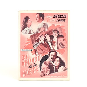 May include: Vintage movie poster for "El Ahijado de la Muerte" featuring Jorge Negrete and Rita Conde. The poster has a pink and red color scheme with multiple images of actors. The title is prominently displayed in large letters.