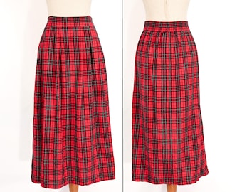 Vintage 80s Red Tartan Plaid Flannel BELLE POINTE Side Button Maxi Skirt - Medium