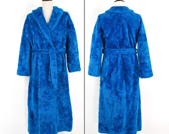 Vintage 80s/90s Women's Cobalt Blue SEARS A Borg Fabric Faux Fur Robe - Medium 12-14