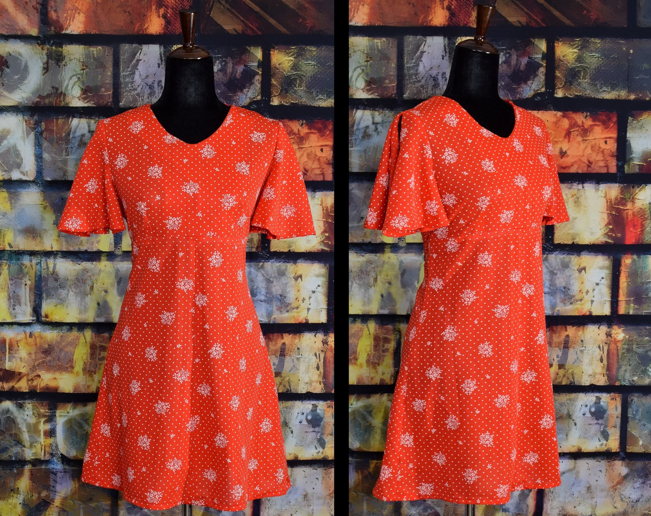 Vintage 60s Red Polka-dot/Floral UNBRANDED Split Flutter Sleeve Babydoll Dress