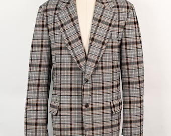 Vintage 70s Men's Grey & Brown Plaid SIR WALTER Polyester Sports Coat Blazer - L-46