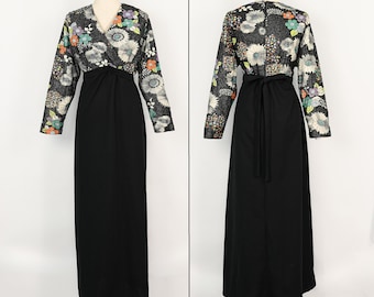 Vintage 70s Black Floral Polyester Long Sleeve Maxi Dress