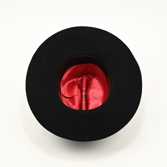 Chapeau Cowboy Vintage Laine Noire, Taille 7 1/8, Doublure Satin Rouge - Fabriqué USA