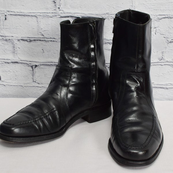 Vintage Men's 70s The Florsheim Shoe Black Leather Ankle Beatle Boots - 7-1/2 D