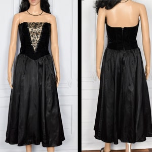 Vintage Women&#39;s 80s Gunne Sax by Jessica McClintock Black Velvet Satin Formal Strapless Dress - 9