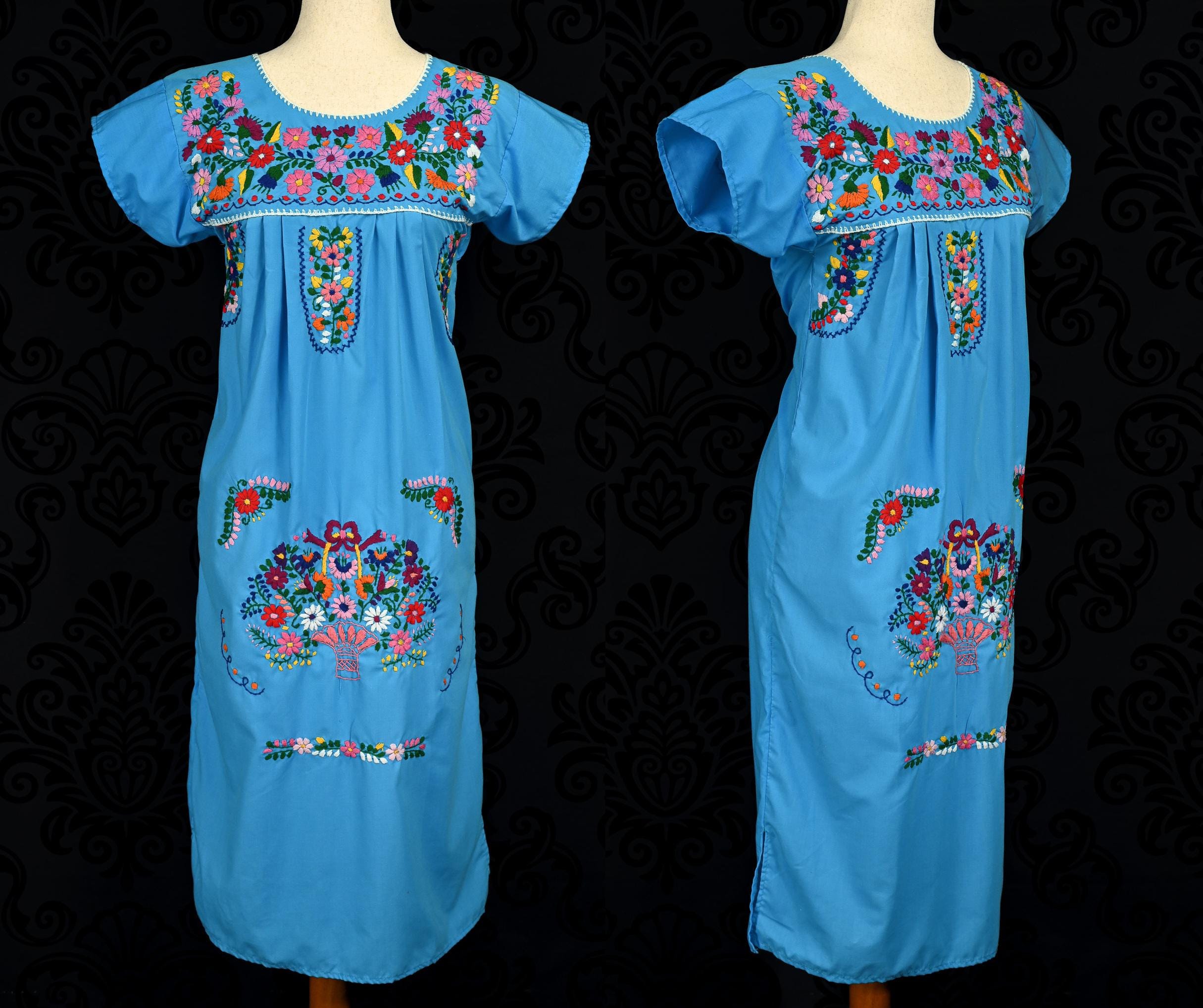 ヴィンテージ 50 年代 / 60 年代 ブルー ハンド刺繍 オアハカ