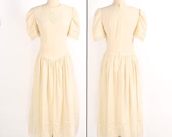 Vintage 80s Cream Cotton Linen Prairie Style Cottage Core Princess Cut Fit & Flare Dress