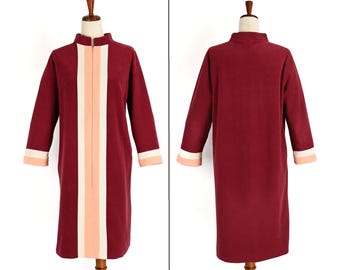 Bata de casa vintage de poliéster con cremallera, rayas granates y rosas, de los años 60, de VANITY FAIR - 18