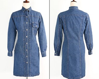 Vintage 80s Ralph Lauren Blue Medium Wash Denim Long Sleeve Button Down  Dress - 6
