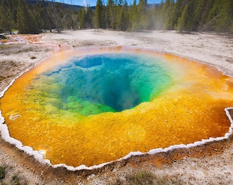 May include: A vibrant hot spring in Yellowstone National Park, with a deep blue center surrounded by a ring of bright yellow and orange. The water is steaming and the surrounding area is covered in a light dusting of snow.