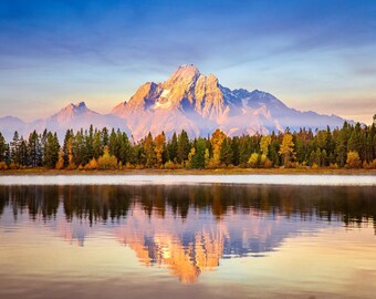 Estampado de Grand Tetons / Lago Jackson / Monte Moran / Estampado de amanecer / Estampado de Grand Tetons / Reflejos del lago / Colores otoñales / Decoración de montaña