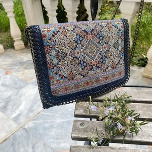 Blue Boho Metalic Fabric Kilim Bag, Turkish Kilim Bag, Authentic Vegan Leather Kilim Handbag, Kilim Bag Pattern Purse, for her, giftsgift image 9