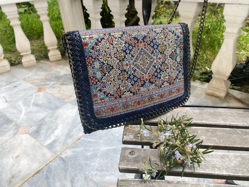 Blue Boho Metalic Fabric Kilim Bag, Turkish Kilim Bag, Authentic Vegan Leather Kilim Handbag, Kilim Bag Pattern Purse, for her, giftsgift image 9