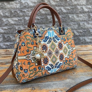Gran bolso kilim naranja boho oro cuero vegano, regalos de bolso de lujo para ella